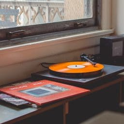 A retro vinyl record player.